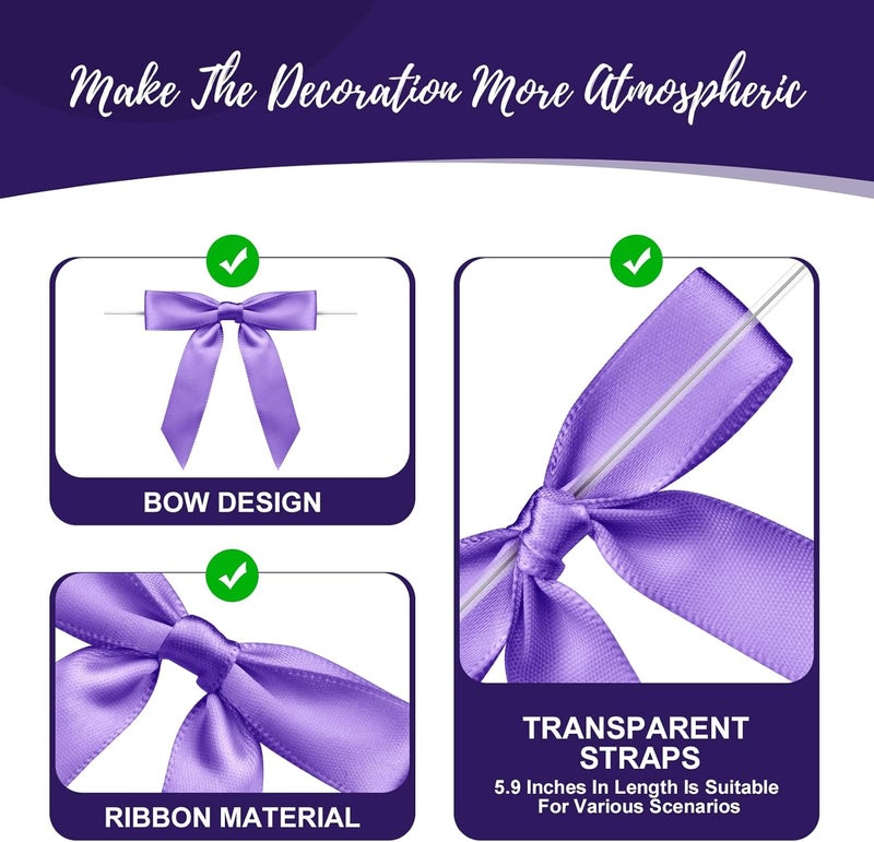 Sokfone Satin Ribbon Purple Bow Decor 2.5" Premade Purple Twist Tie Bows for Gift Wrapping Bow for Treat Bags Party Favors Wedding Decorations - 50 Counts - Image 4